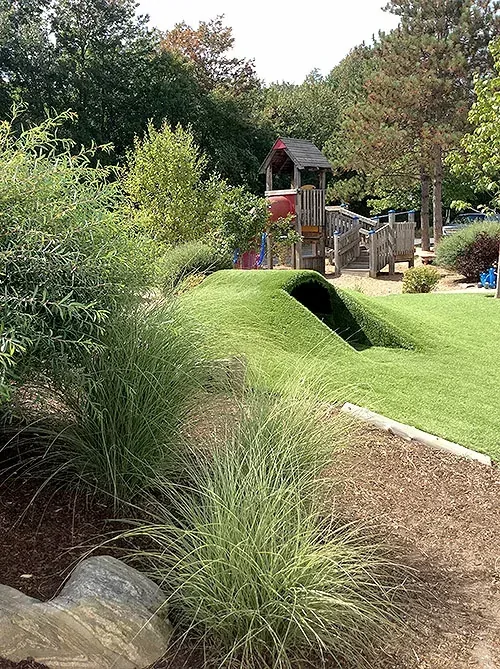 The grassy playground and play structure at Blossom Station