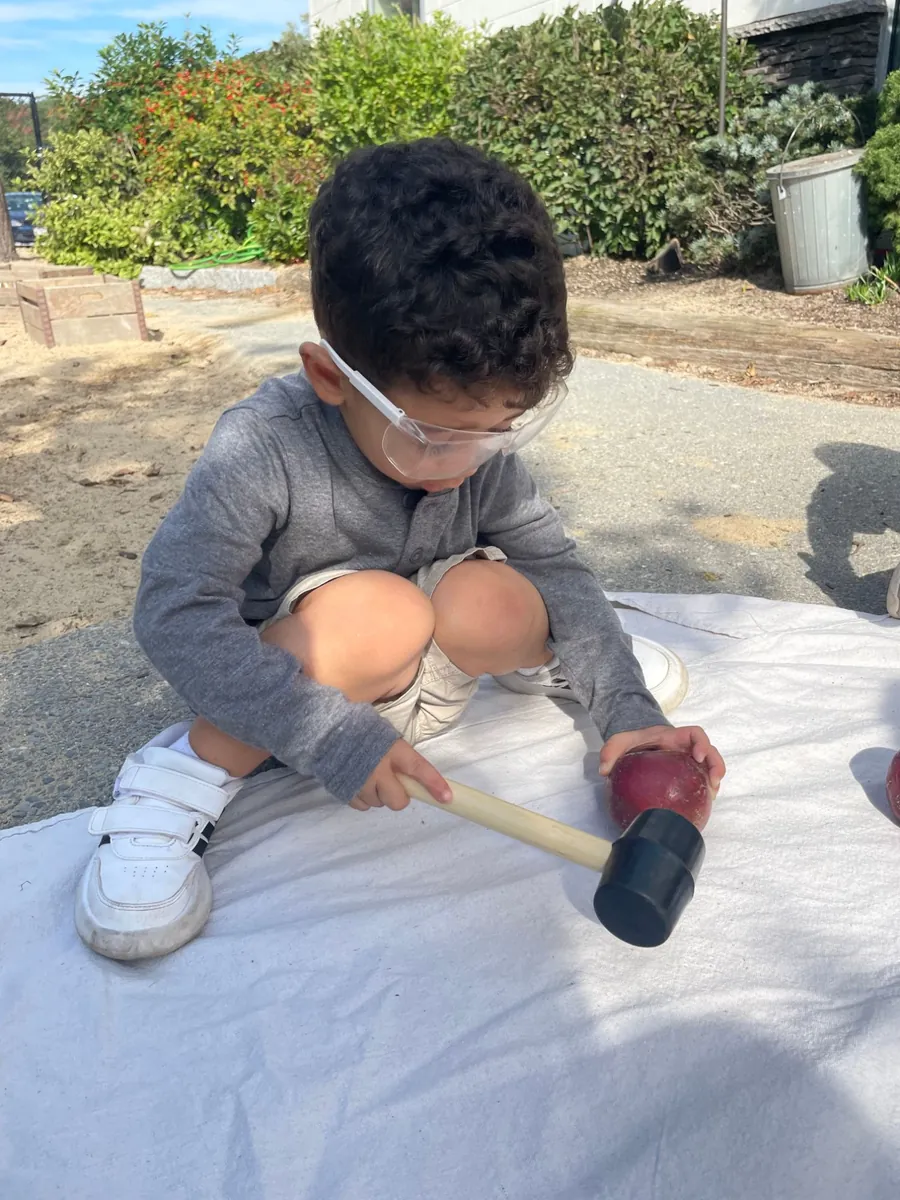 A preschooler in safety goggles using a rubber mallet on an apple during TimberNook at Blossom Station in Acton, MA